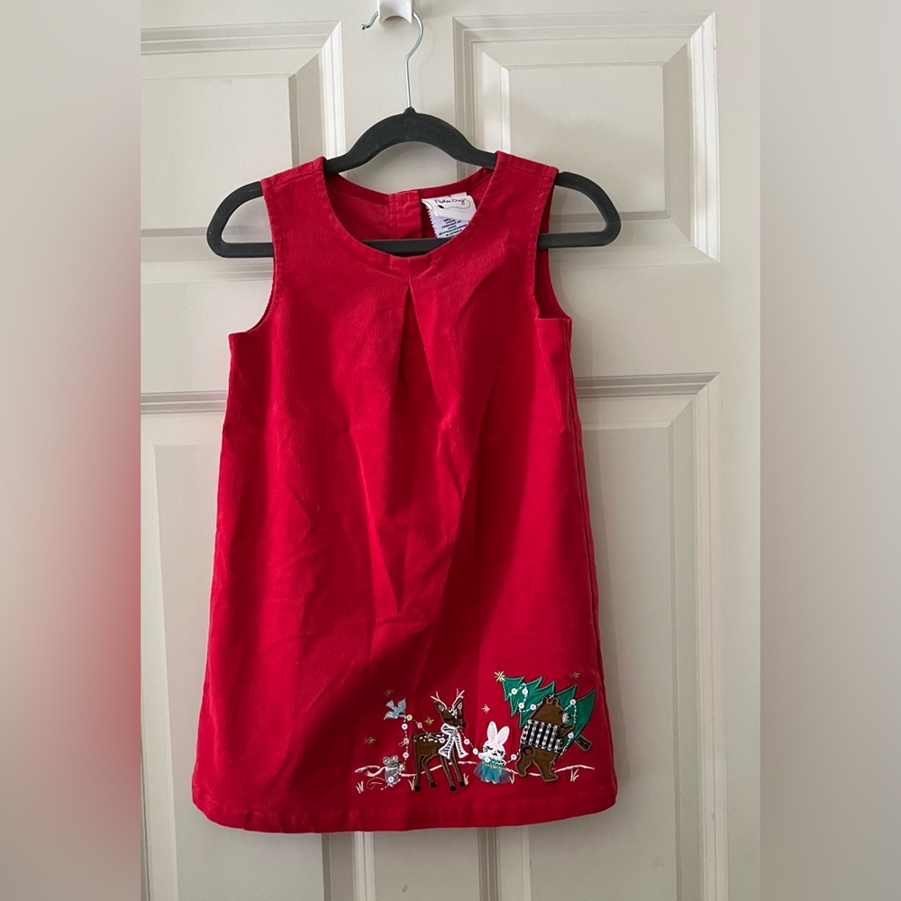 Nula Bug sleeveless red corduroy Christmas dress embroidered winter animals 4T